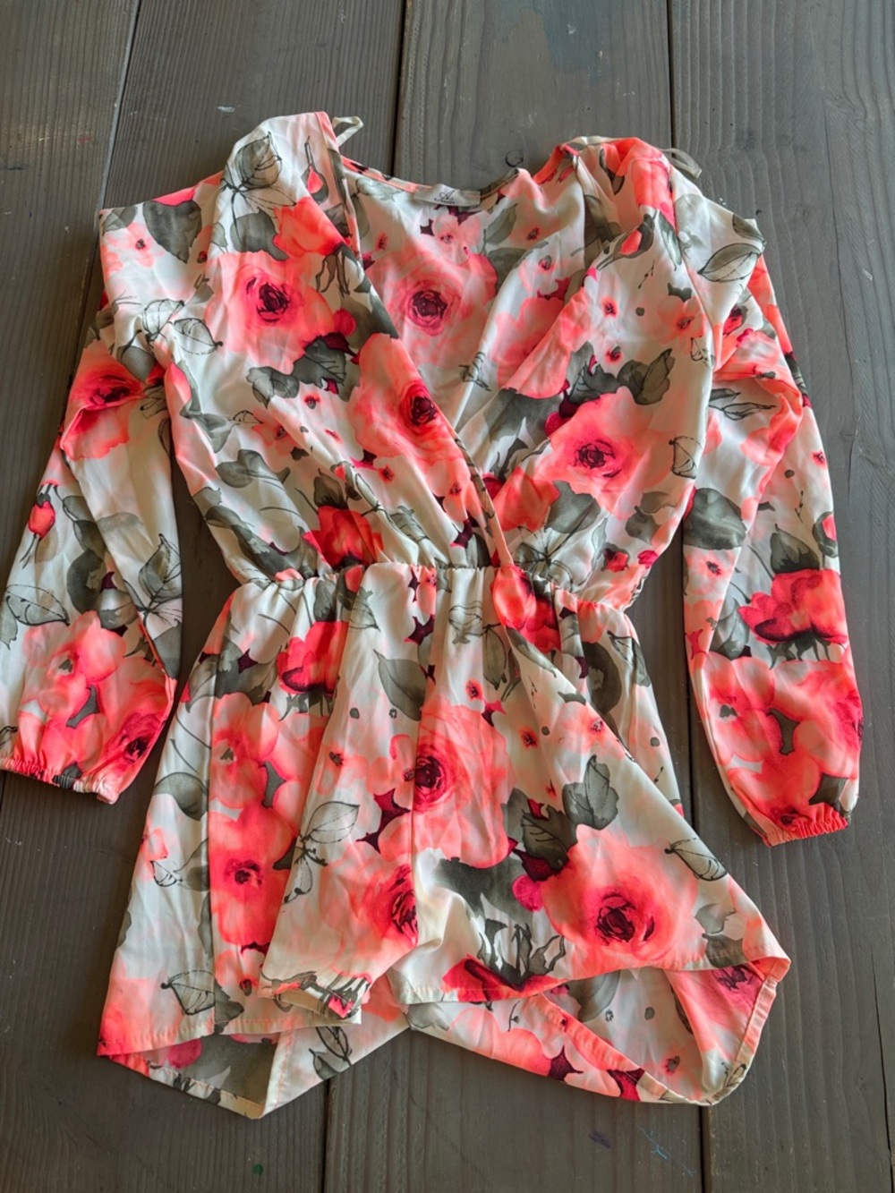 A3 Design Pink Floral Wrap Romper with Green Accents